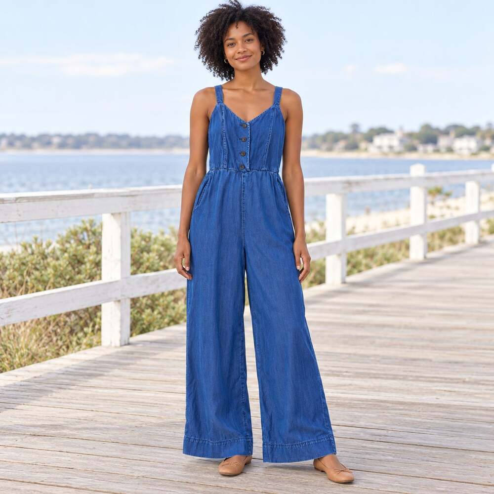 LC Lauren Conrad Jumpsuit WMNS S Blue Sleeveless Button Front Coastal Casual